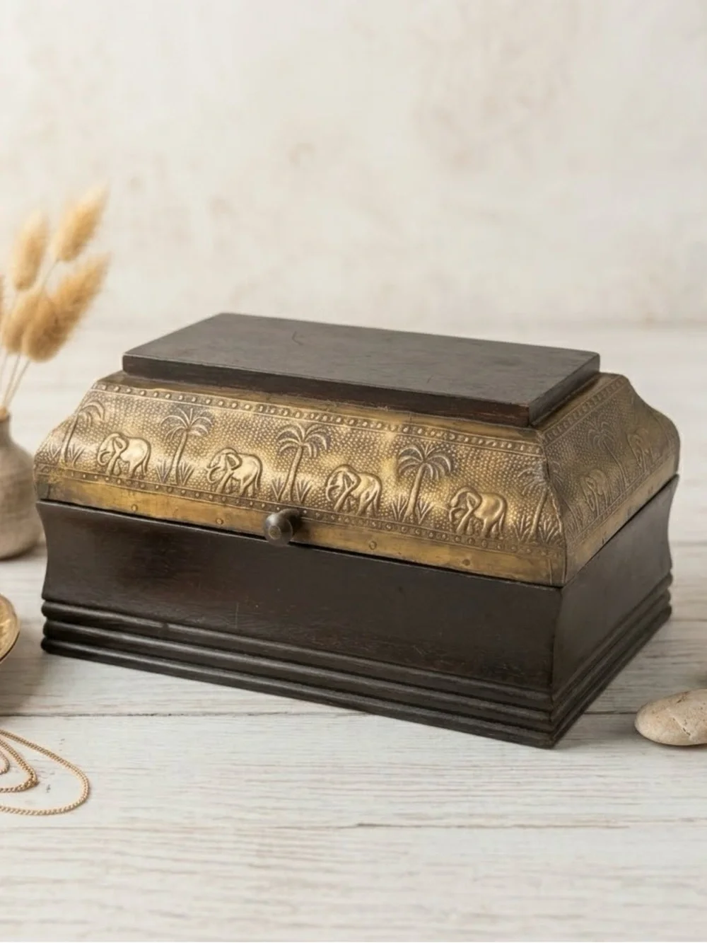 Vintage Style Wooden & Embossed Brass Elephant Trinket Jewelry Box - India